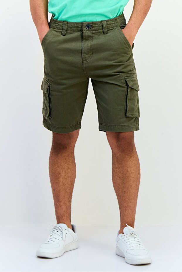 Men Solid Cargo Shorts, Dark Olive - 1