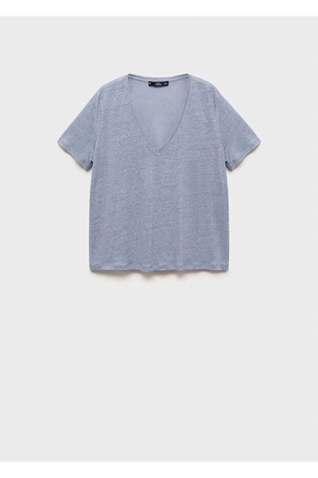 V yakalı keten tişört - 3