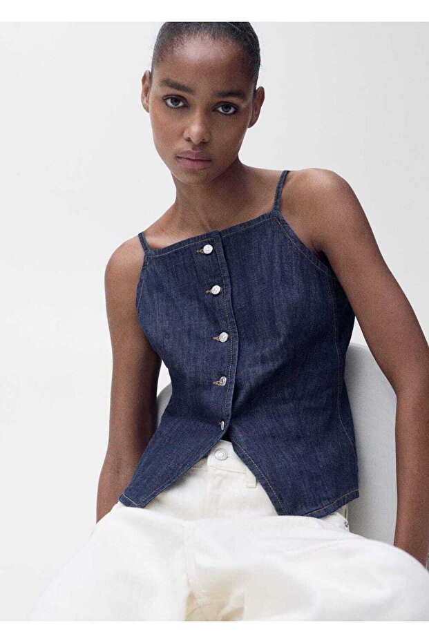 Düğmeli denim bluz - 6