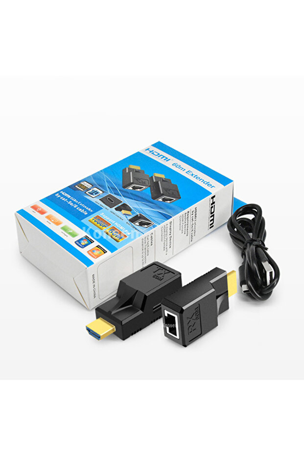 موسع HDMI أسود بطول 60 متر عبر كابل Rj45 Cat6 واحد، موسع HDMI Ethernet بدقة 1080 بكسل، جهاز إرسال فيديو A