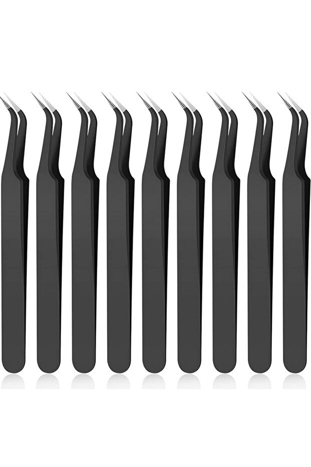 Black 9 Pcs 1/9Pcs Curved Tip Eyelash Extension Tweezers, Stainless Steel Curved Tip Tweezers Pointe