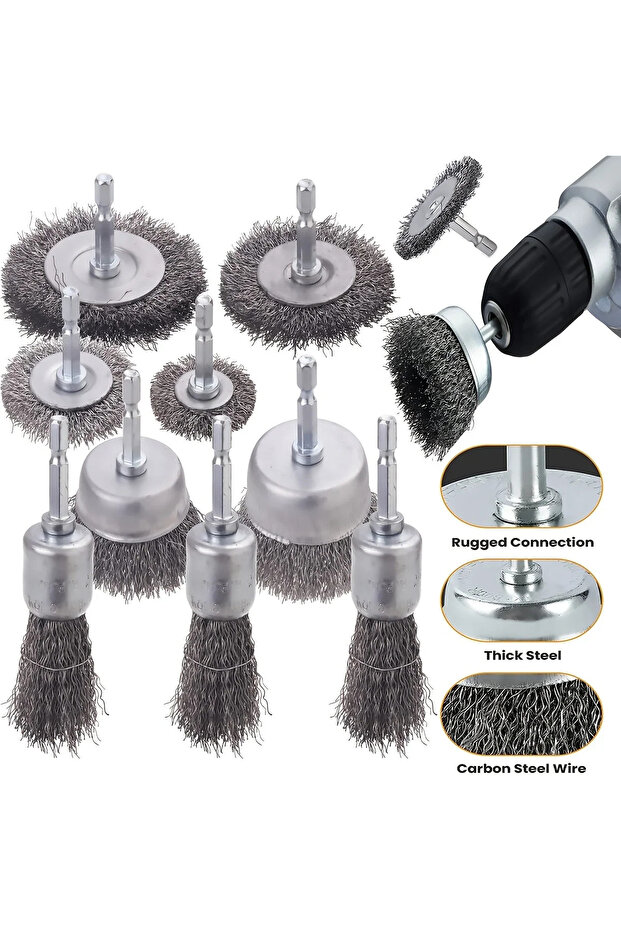 10pcs Wire Brush Wheel Cup Brush Set 10 Pack,Wire Brush for Drill 1/4 Inch Hex Shank 0.012 Inch Coar