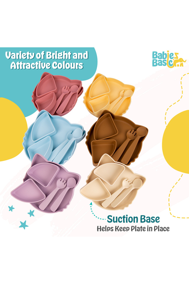 Silicone Feeding Set,with removable section, with Suction Plate, Spoon and Fork- Brown - 4