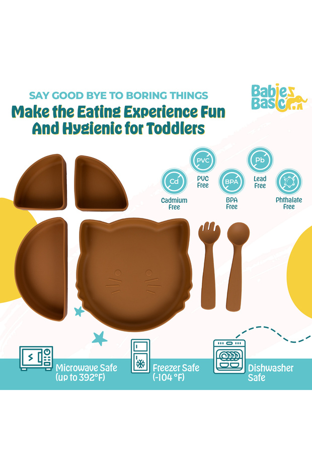 Silicone Feeding Set,with removable section, with Suction Plate, Spoon and Fork- Brown - 3