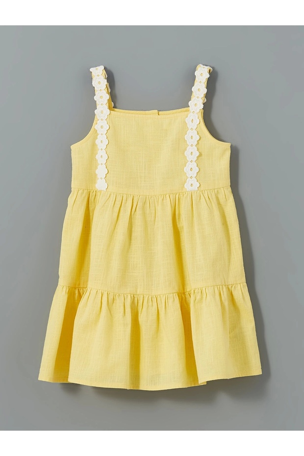 LCW Kids Sari Basic Dantelli Kız Çocuk Keten Elbise - 1