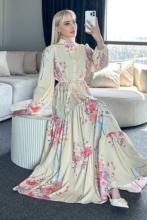 Patterned Hijab Dress Lemon Yellow 513-1