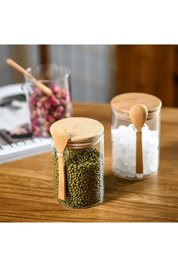 Spice Set with Borosilicate Glass Bamboo Lid and Bamboo Spoon 4 Pieces 450 ml - 1
