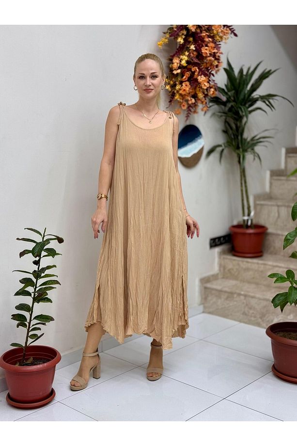 VL11199 Askılı Düz Vual Elbise Camel - 1