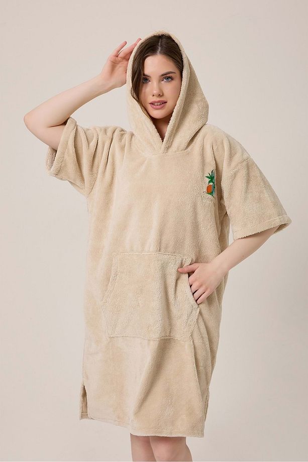 Palmiye Sörf Nakışlı Yetişkin Sörf Yazlık Panço Kapüşonlu Plaj Havlusu Bej-unisex - 1