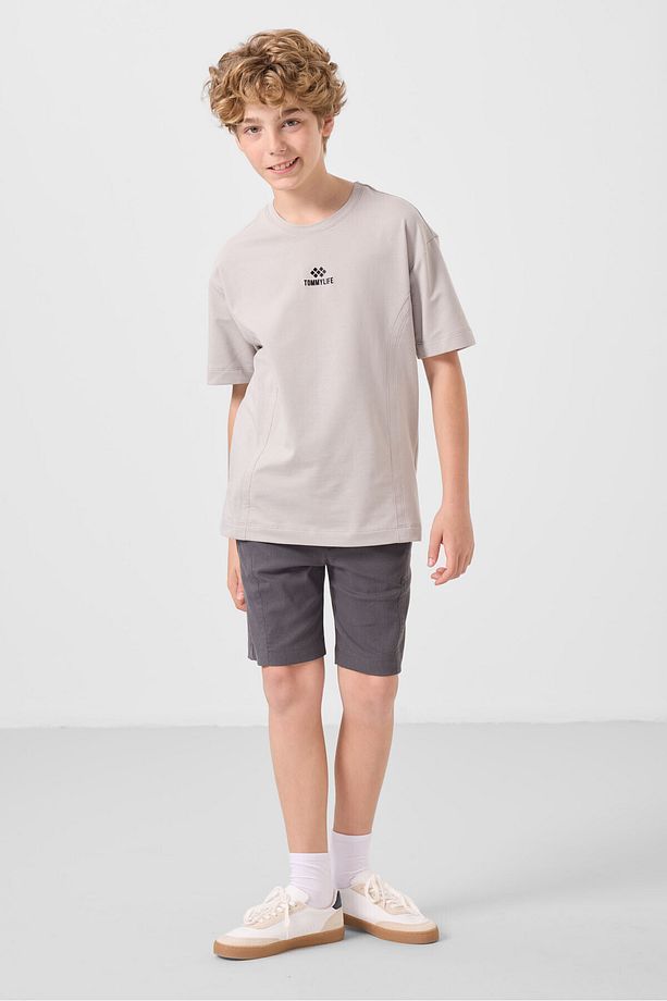 Taş-Antrasit Pamuklu Oversize Fit Dokuma Hafif Esnek Chino Erkek Çocuk Şort Takım - 11276 - 1