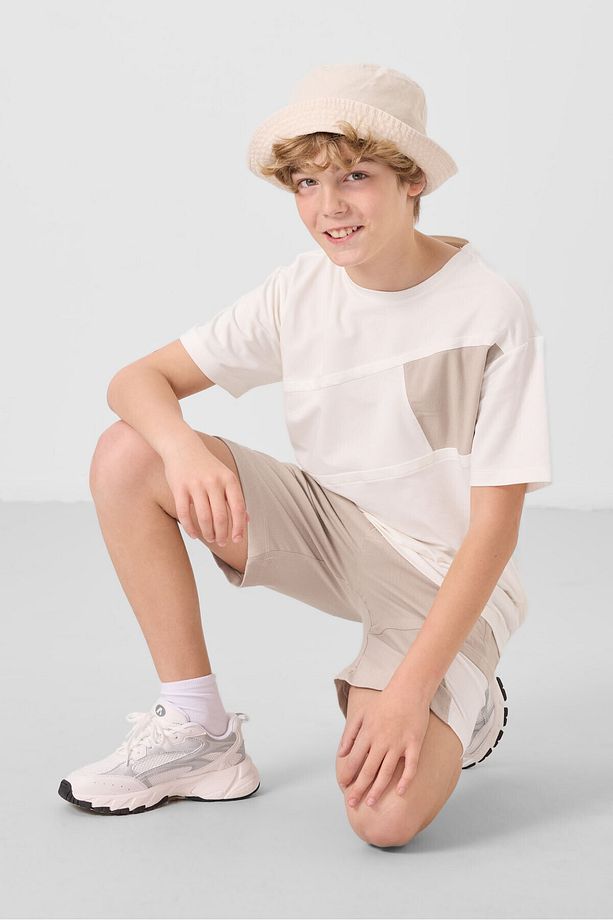 Ekru-taş Pamuklu Oversize Fit Dokuma Hafif Esnek Chino Erkek Çocuk Şort Takım - 11275 - 4
