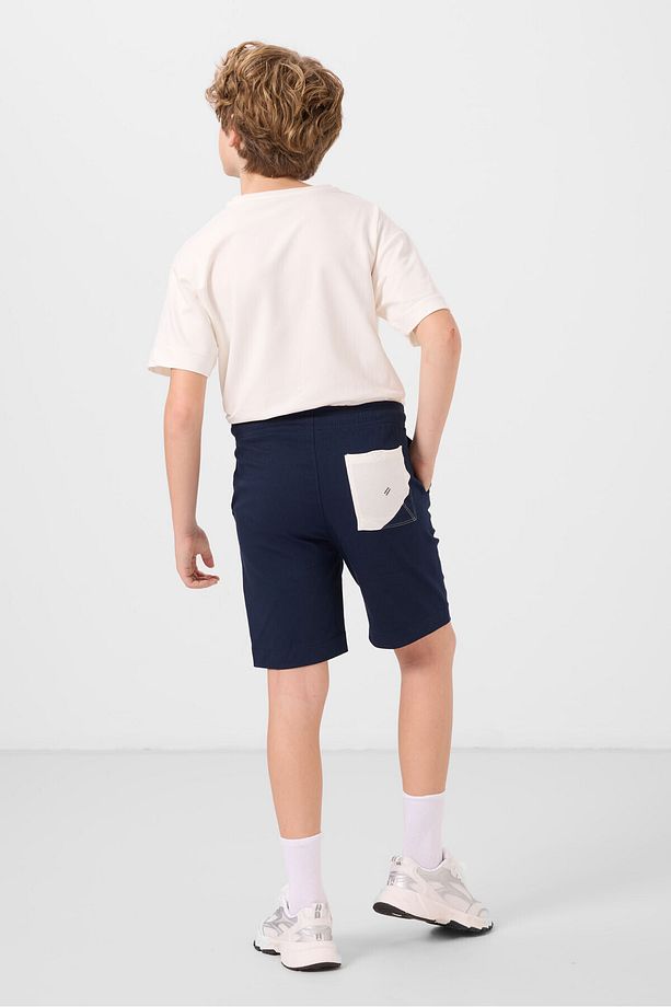 Ekru-Lacivert Pamuklu Oversize Fit Dokuma Hafif Esnek Chino Erkek Çocuk Şort Takım - 11278 - 8