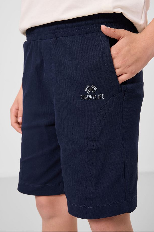 Ekru-Lacivert Pamuklu Oversize Fit Dokuma Hafif Esnek Chino Erkek Çocuk Şort Takım - 11276 - 6