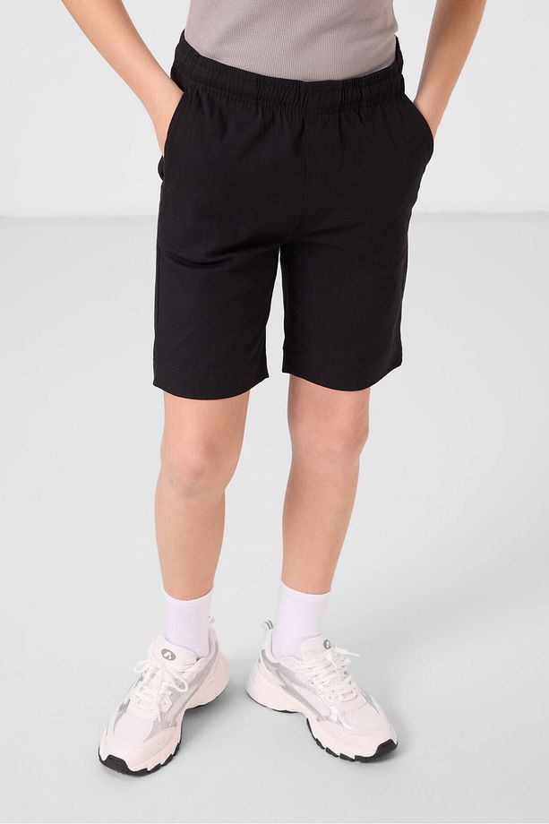 Siyah Pamuklu Oversize Fit Dokuma Hafif Esnek Chino Erkek Çocuk Şort Takım - 11278 - 3