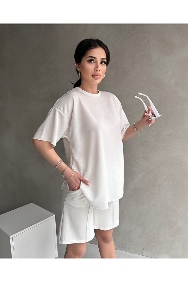 Kadın Modal Kumaş Oversize Kısa Kollu Kadın Eşofman Takımı, Şortlu, Bağcıklı Yumuşak Kumaş - 2