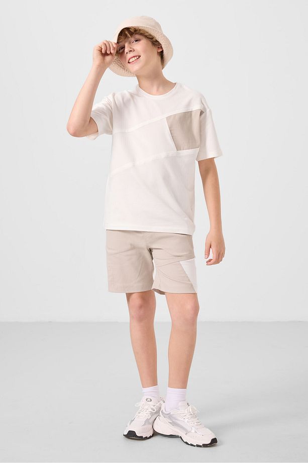 Ekru-taş Pamuklu Oversize Fit Dokuma Hafif Esnek Chino Erkek Çocuk Şort Takım - 11275 - 5