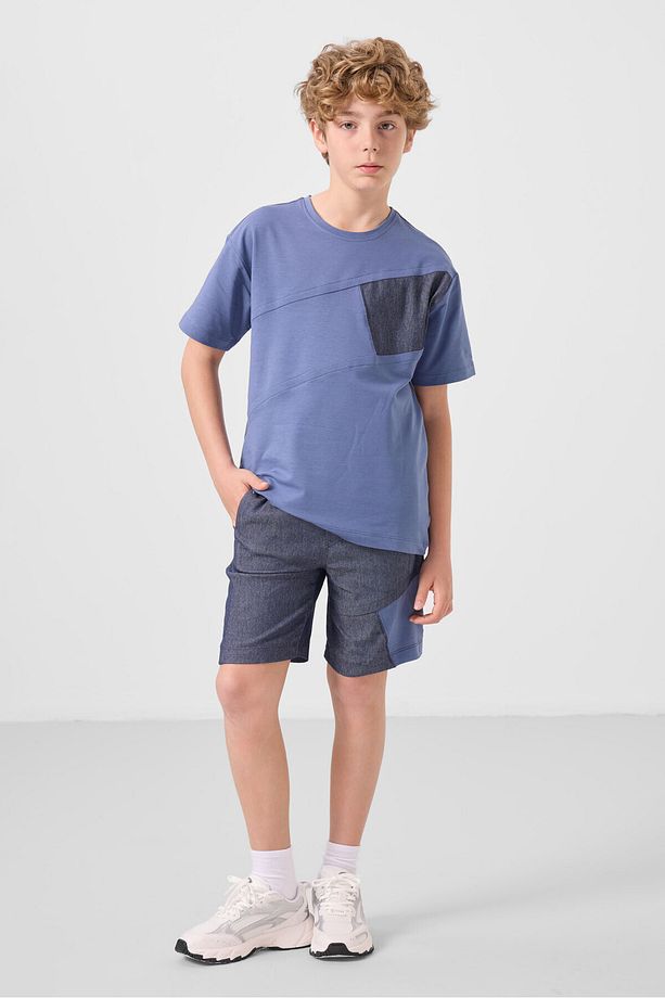 Koyu Mavi-Kot Lacivert Pamuklu Oversize Fit Dokuma Hafif Esnek Chino Erkek Çocuk Şort Takım - 11275 - 1