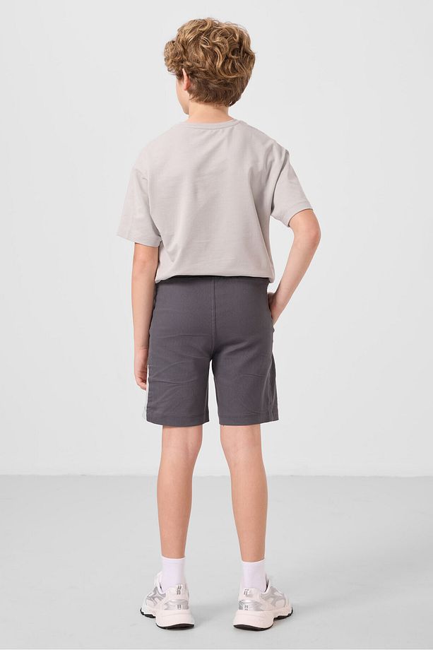 Taş-Antrasit Pamuklu Oversize Fit Dokuma Hafif Esnek Chino Erkek Çocuk Şort Takım - 11275 - 8