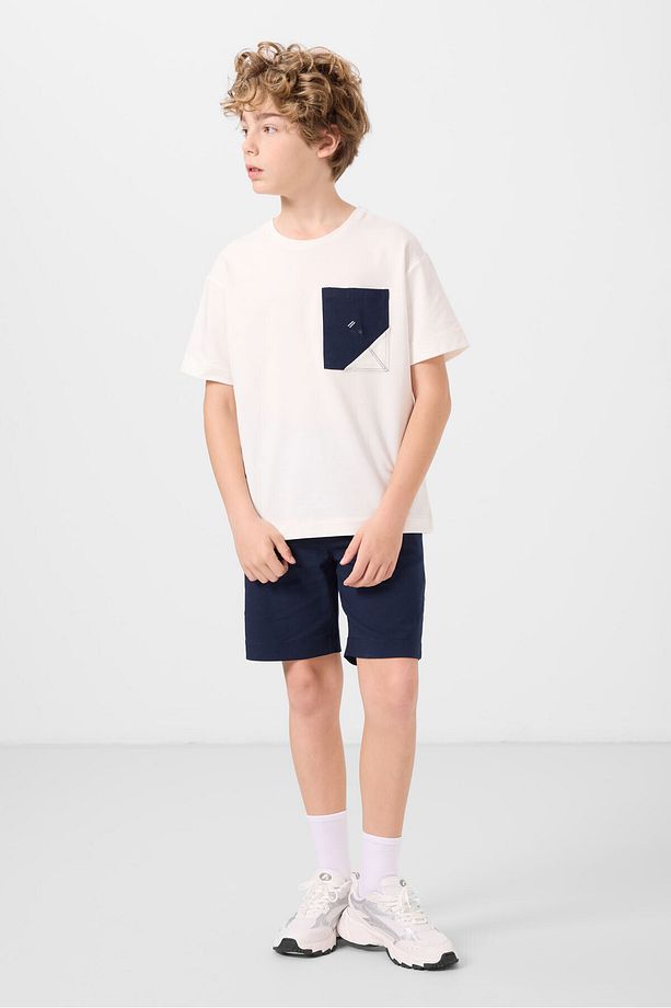 Ekru-Lacivert Pamuklu Oversize Fit Dokuma Hafif Esnek Chino Erkek Çocuk Şort Takım - 11278 - 4