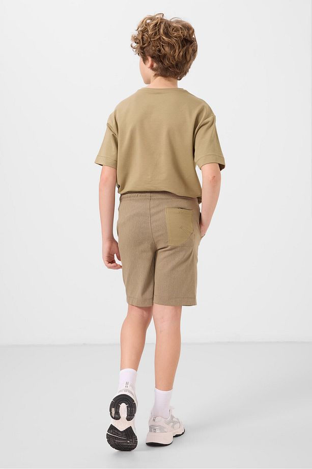 Koyu Bej-Camel Pamuklu Oversize Fit Dokuma Hafif Esnek Chino Erkek Çocuk Şort Takım - 11278 - 8
