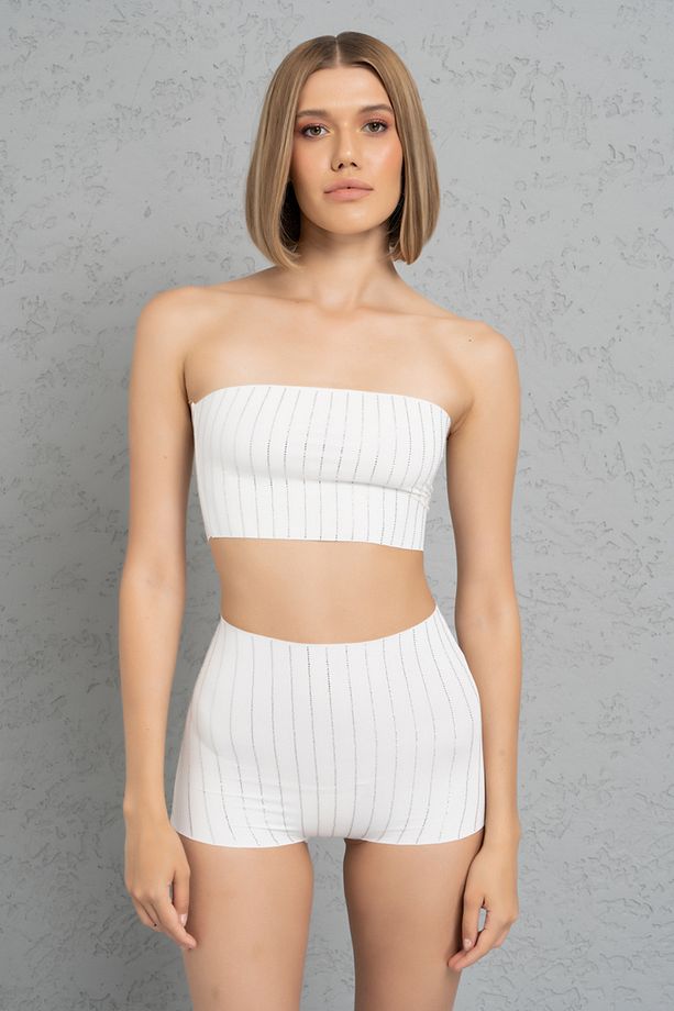 Off White Yüksek Bel Taşlı Şort - 6