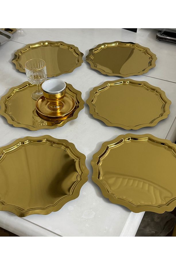 6 ADET GOLD YUVARLAK DALGALI MODEL SERVİS VE SUNUM TEPSİSİ - 3