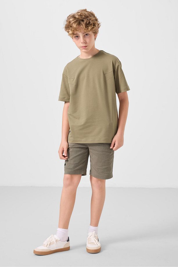 Koyu Bej-Camel Pamuklu Oversize Fit Dokuma Hafif Esnek Chino Erkek Çocuk Şort Takım - 11277 - 4