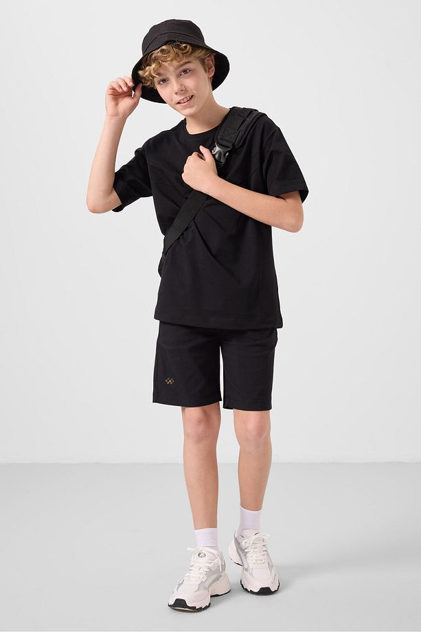 Siyah Pamuklu Oversize Fit Dokuma Hafif Esnek Chino Erkek Çocuk Şort Takım - 11277 - 1