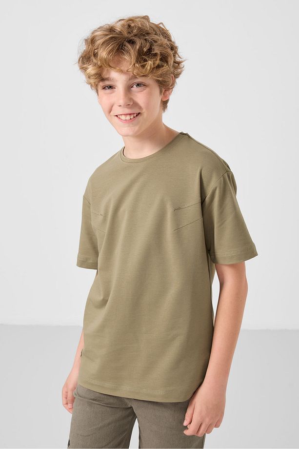Koyu Bej-Camel Pamuklu Oversize Fit Dokuma Hafif Esnek Chino Erkek Çocuk Şort Takım - 11277 - 6