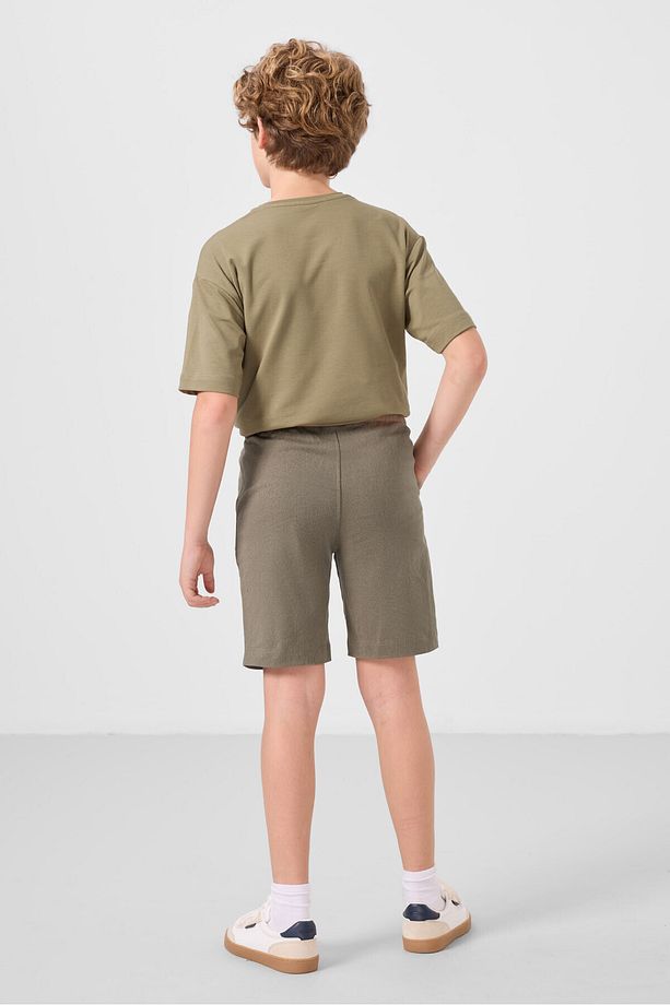 Koyu Bej-Camel Pamuklu Oversize Fit Dokuma Hafif Esnek Chino Erkek Çocuk Şort Takım - 11277 - 8