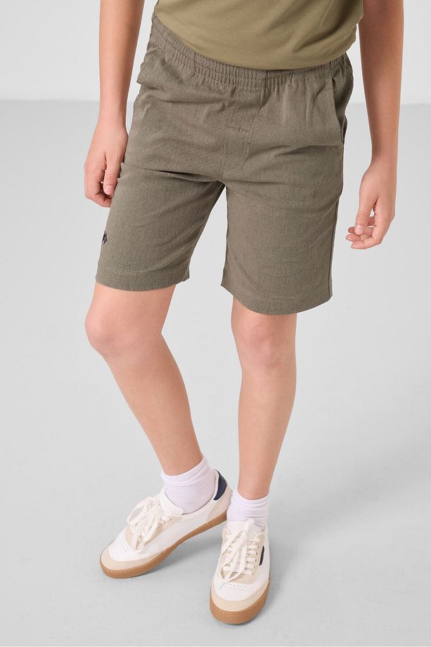 Koyu Bej-Camel Pamuklu Oversize Fit Dokuma Hafif Esnek Chino Erkek Çocuk Şort Takım - 11277 - 5