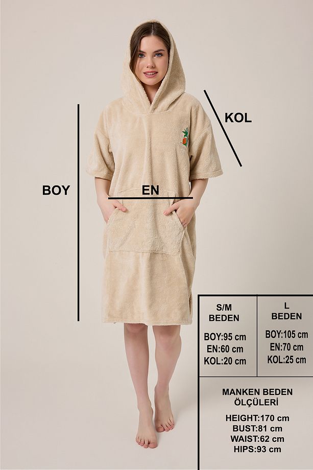 Palmiye Sörf Nakışlı Yetişkin Sörf Yazlık Panço Kapüşonlu Plaj Havlusu Bej-unisex - 6