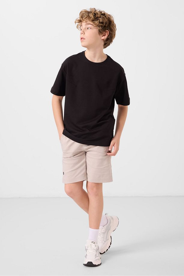 Siyah-Taş Pamuklu Oversize Fit Dokuma Hafif Esnek Chino Erkek Çocuk Şort Takım - 11277 - 4