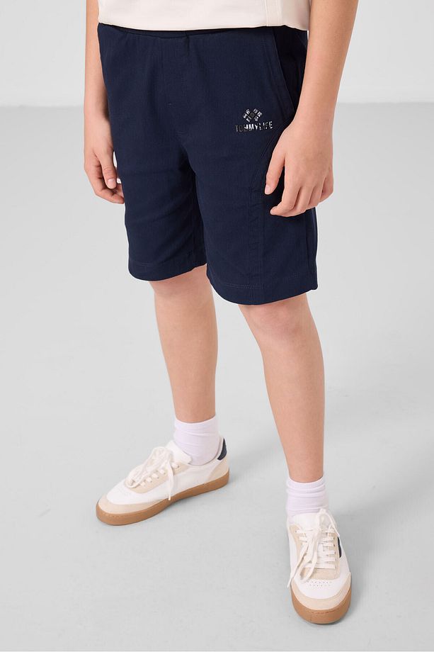 Ekru-Lacivert Pamuklu Oversize Fit Dokuma Hafif Esnek Chino Erkek Çocuk Şort Takım - 11276 - 2
