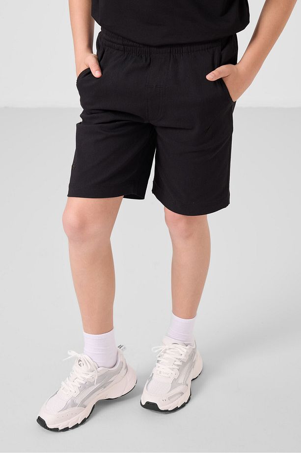 Siyah Pamuklu Oversize Fit Dokuma Hafif Esnek Chino Erkek Çocuk Şort Takım - 11277 - 7
