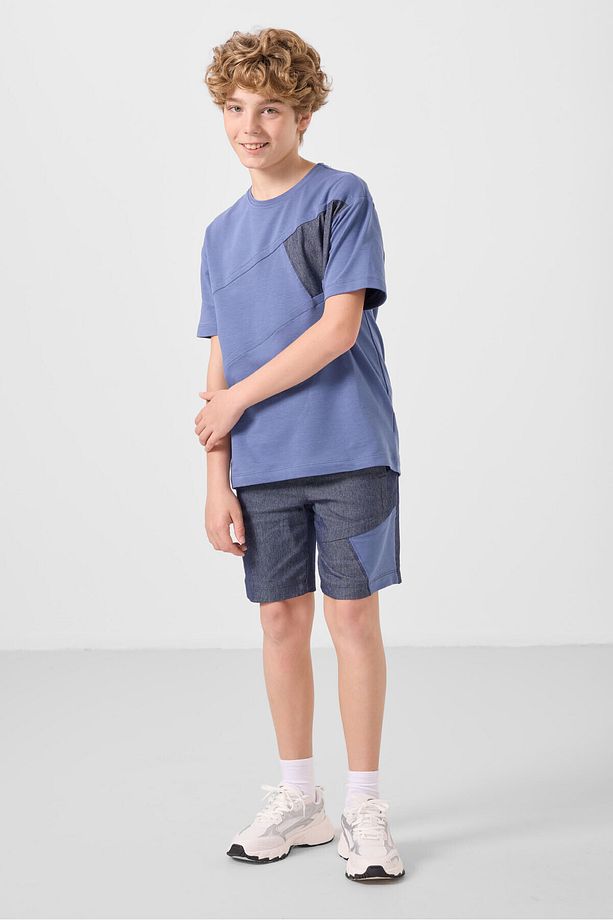 Koyu Mavi-Kot Lacivert Pamuklu Oversize Fit Dokuma Hafif Esnek Chino Erkek Çocuk Şort Takım - 11275 - 3