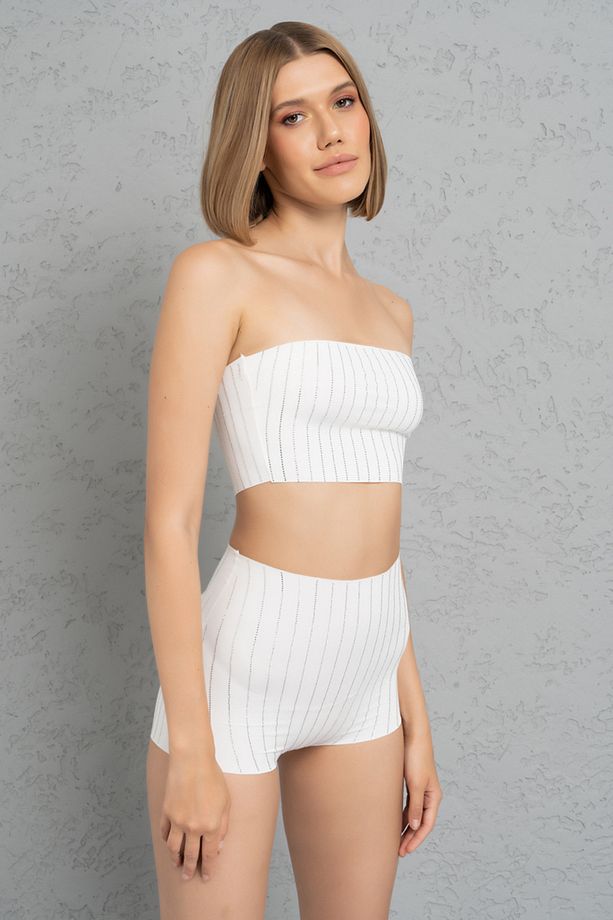 Off White Yüksek Bel Taşlı Şort - 7