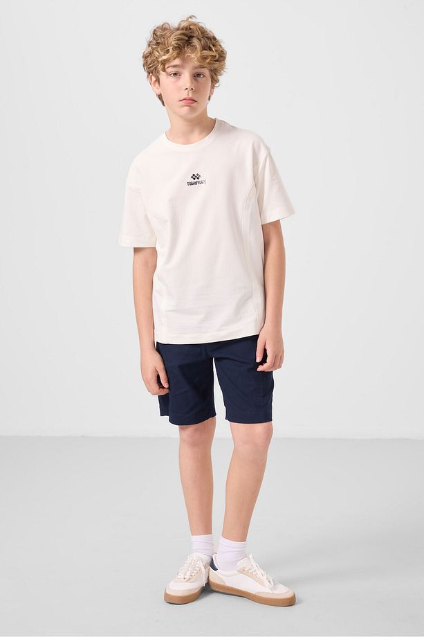 Ekru-Lacivert Pamuklu Oversize Fit Dokuma Hafif Esnek Chino Erkek Çocuk Şort Takım - 11276 - 3