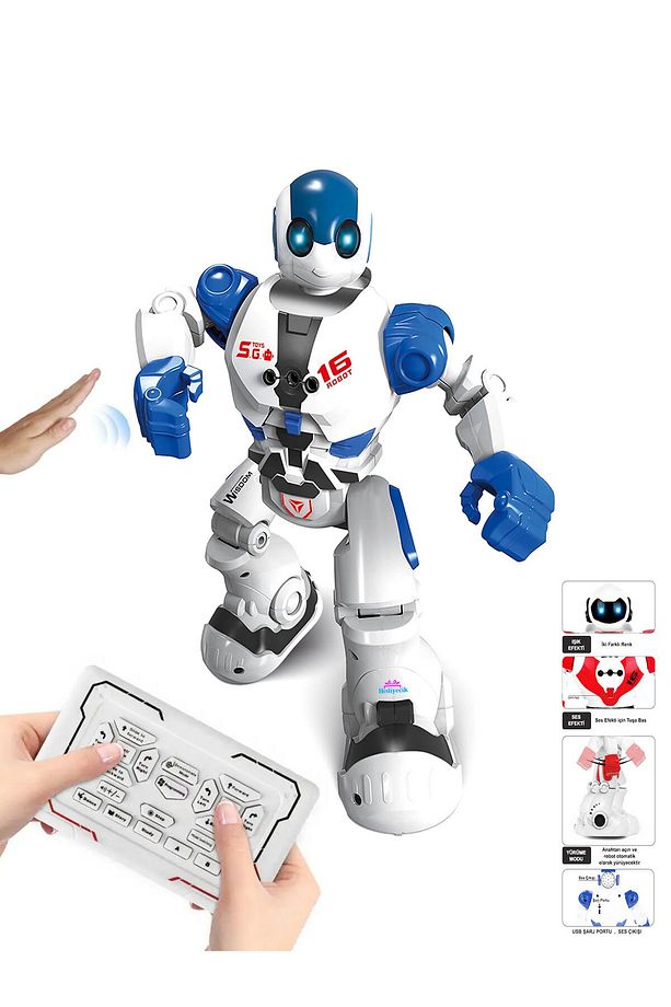 Rc El Sensörlü Uzaktan Kumandalı Şarjlı Akıllı Yapay Zeka Robot 28 Cm Mavi - 1