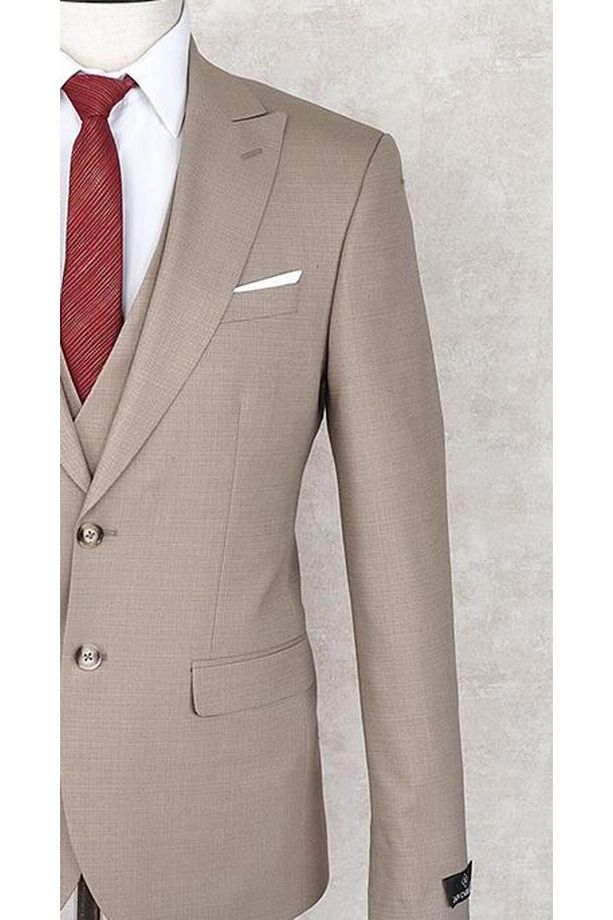 Slim Fit Sivri Yaka-çift Yırtmaç Bej Rengi Drop 6 Yelekli Takım Elbise - 3