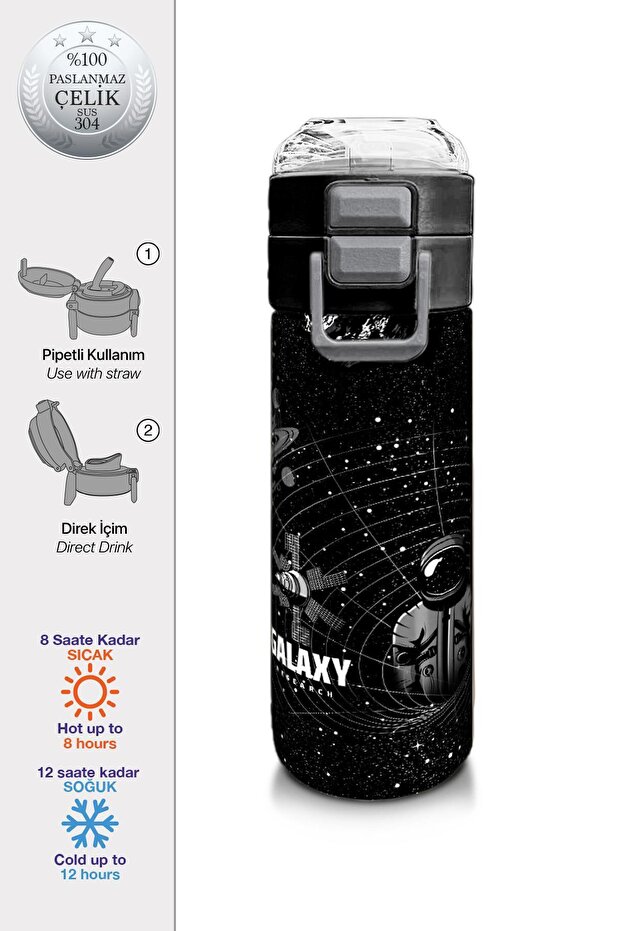 Kids Men's Patterned Straw and Direct Drinking Steel Thermos 500 ml