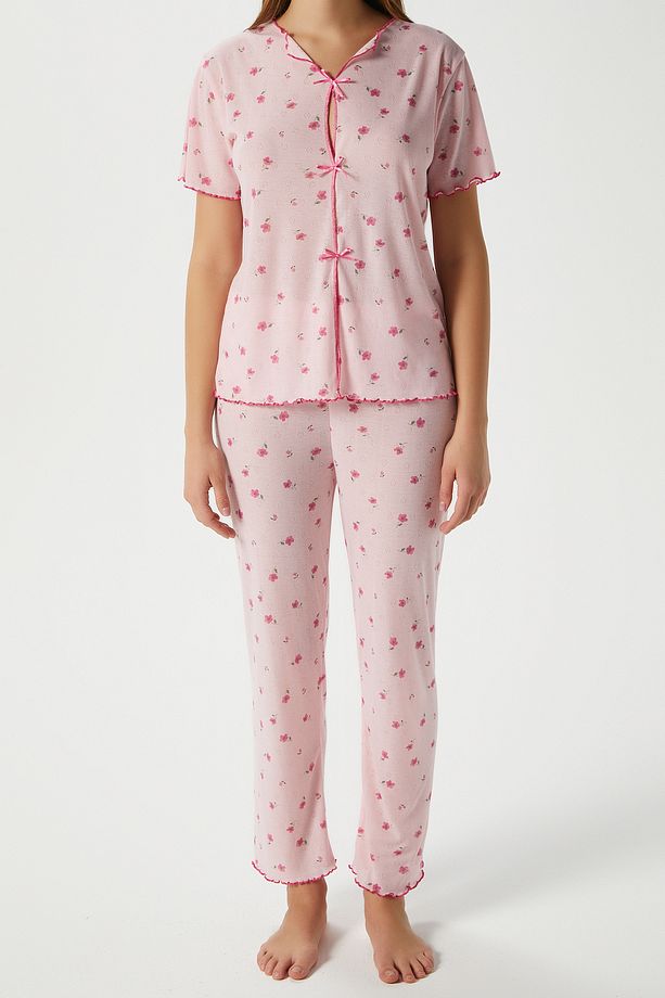 Kadın Juliet Kurdeleli Yumuşak Doku Pembe Çiçekli Pijama Takımı - 6