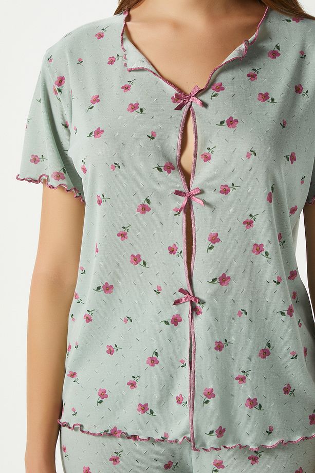 Kadın Juliet Kurdeleli Yumuşak Doku Yeşil Çiçekli Pijama Takımı - 2