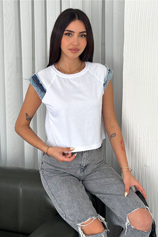 Women's White Sleeveless Denim Detailed 100% Cotton T-Shirt