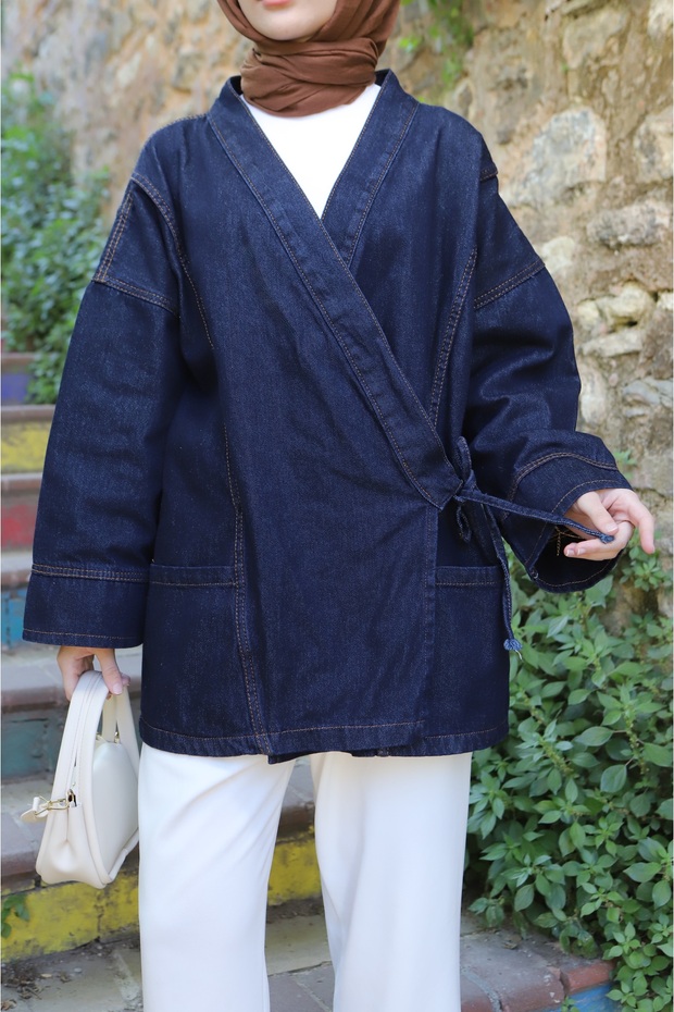 سترة الدنيم مربوطة على الجانب - 8