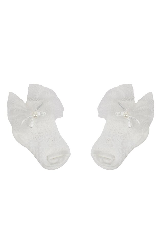 Baby Girl White Tulle Beaded Socks 0-6 Months