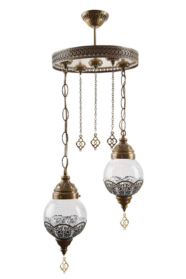 Dilan Salon - Mutfak - Yatak Odası Eskitme Retro 2 Li Camlı Metal Sarkıt Avize - 1