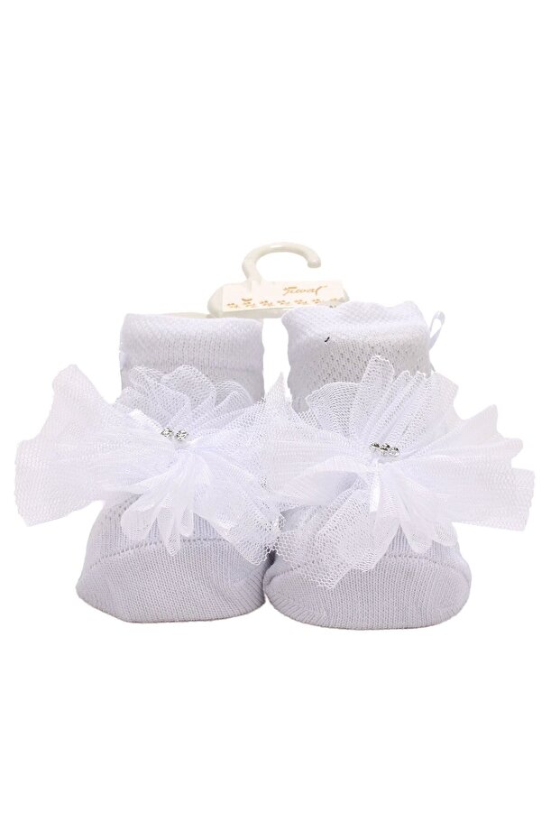Baby Girl White Tulle Stone Bow Socks 0-6 Months
