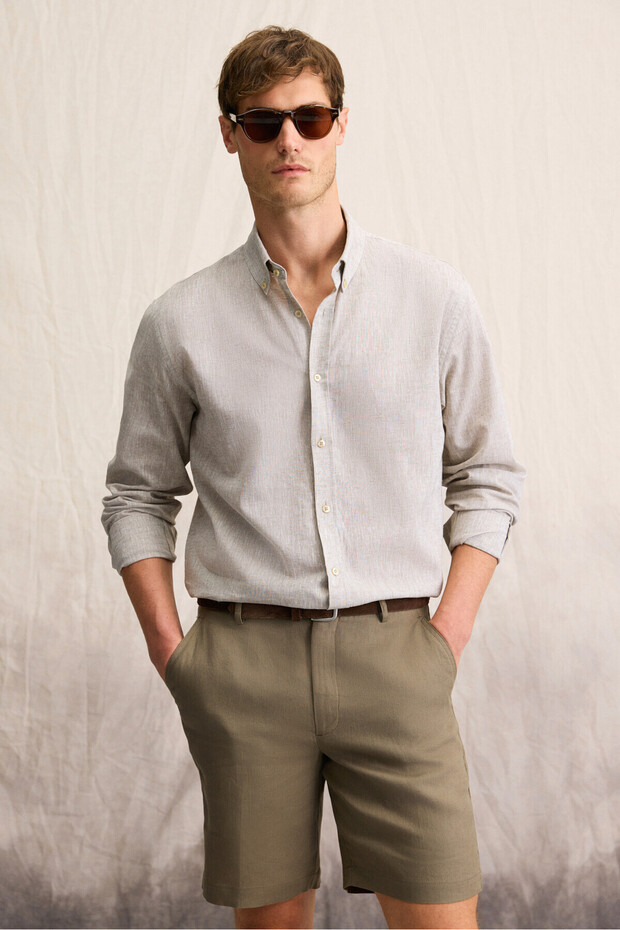 Lasse Men's Shirt Collar Cuffed Long Sleeve Regular Fit Linen Blended Khaki Shirt