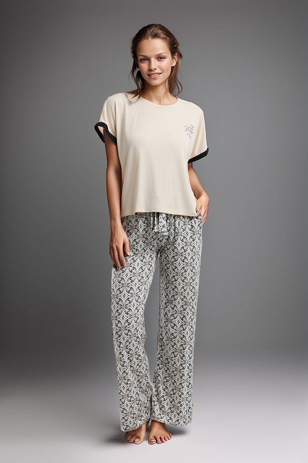 Kadın Krem Kısa Kol Desenli Viskon Pijama Takımı Q9.U.9O.K6.K.A0.P.C - 3
